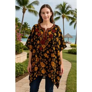 Panache One Size Fits Most Oversized Floral Kaftan Tunic Top Black Red Gold